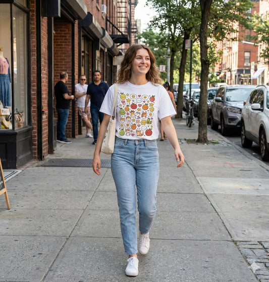 Kawaii Sticker Bomb Graphic T-Shirt | Fruit Doodle Pattern | Unisex White Tee | Harajuku Style Top