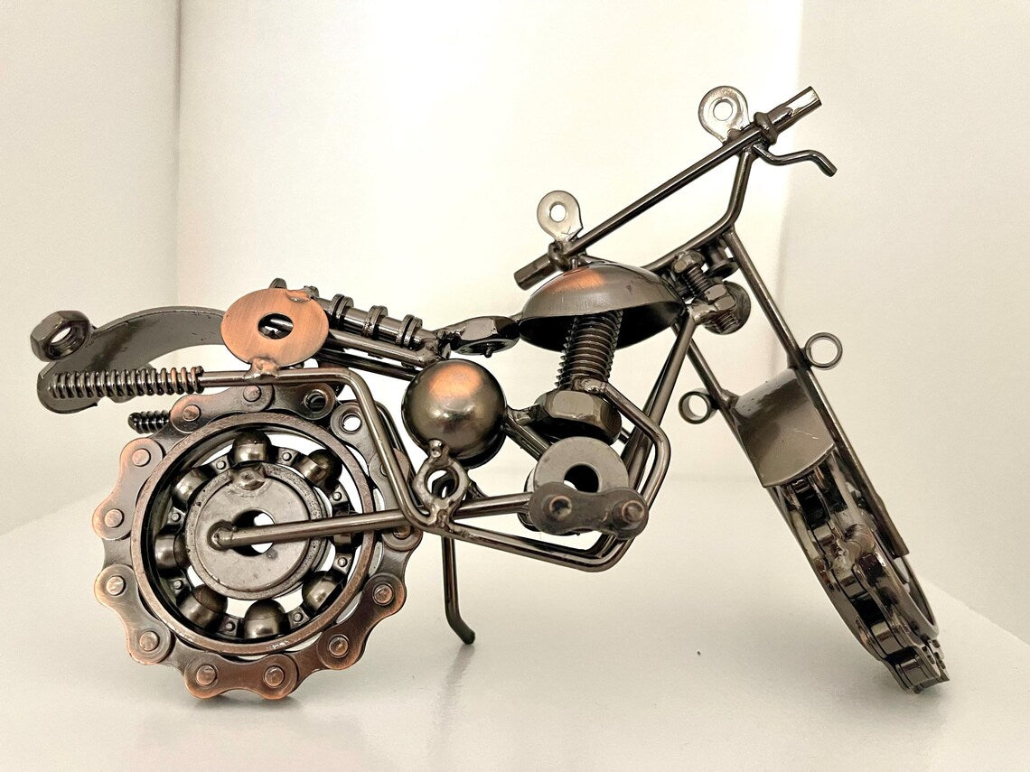 Upcycled Metal Motorcycle Sculpture: Industrial Home Decor Art