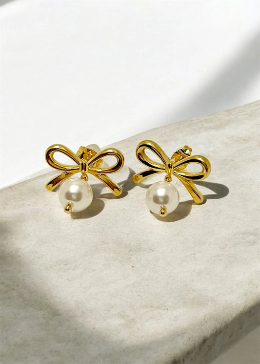 Gold Plated Bow Pearl Drop Stud Earrings