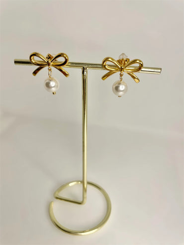Gold Plated Bow Pearl Drop Stud Earrings