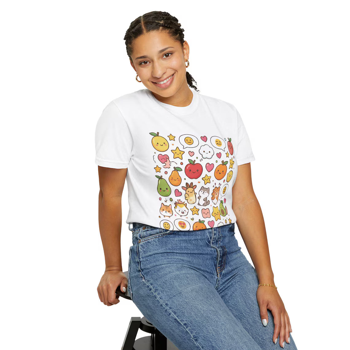 Kawaii Sticker Bomb Graphic T-Shirt | Fruit Doodle Pattern | Unisex White Tee | Harajuku Style Top