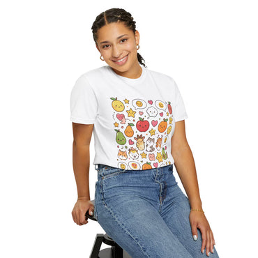 Kawaii Sticker Bomb Graphic T-Shirt | Fruit Doodle Pattern | Unisex White Tee | Harajuku Style Top