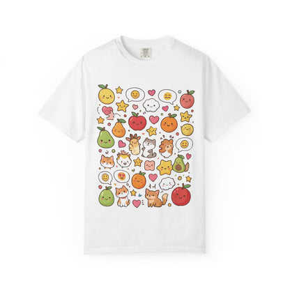 Kawaii Sticker Bomb Graphic T-Shirt | Fruit Doodle Pattern | Unisex White Tee | Harajuku Style Top