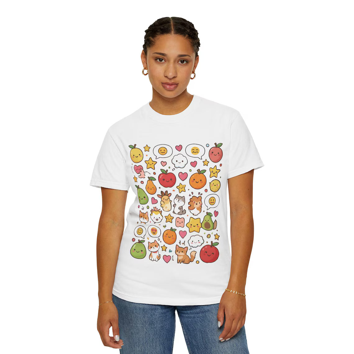 Kawaii Sticker Bomb Graphic T-Shirt | Fruit Doodle Pattern | Unisex White Tee | Harajuku Style Top