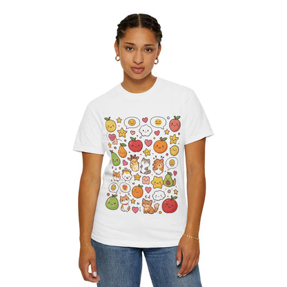 Kawaii Sticker Bomb Graphic T-Shirt | Fruit Doodle Pattern | Unisex White Tee | Harajuku Style Top