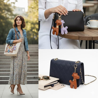 Handmade Cartoon Giraffe Keychain: PU Leather Bag Charm