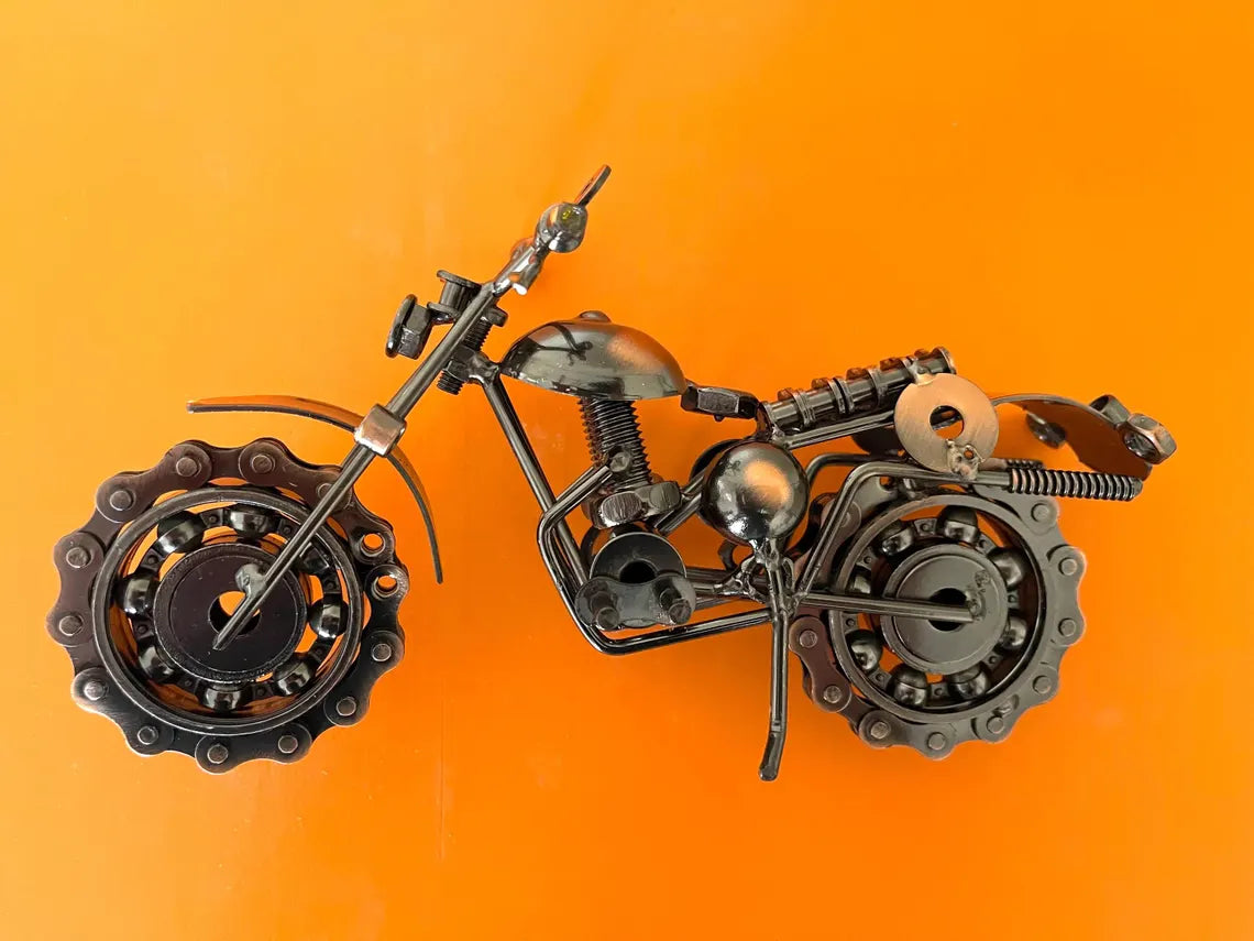 Upcycled Metal Motorcycle Sculpture: Industrial Home Decor Art