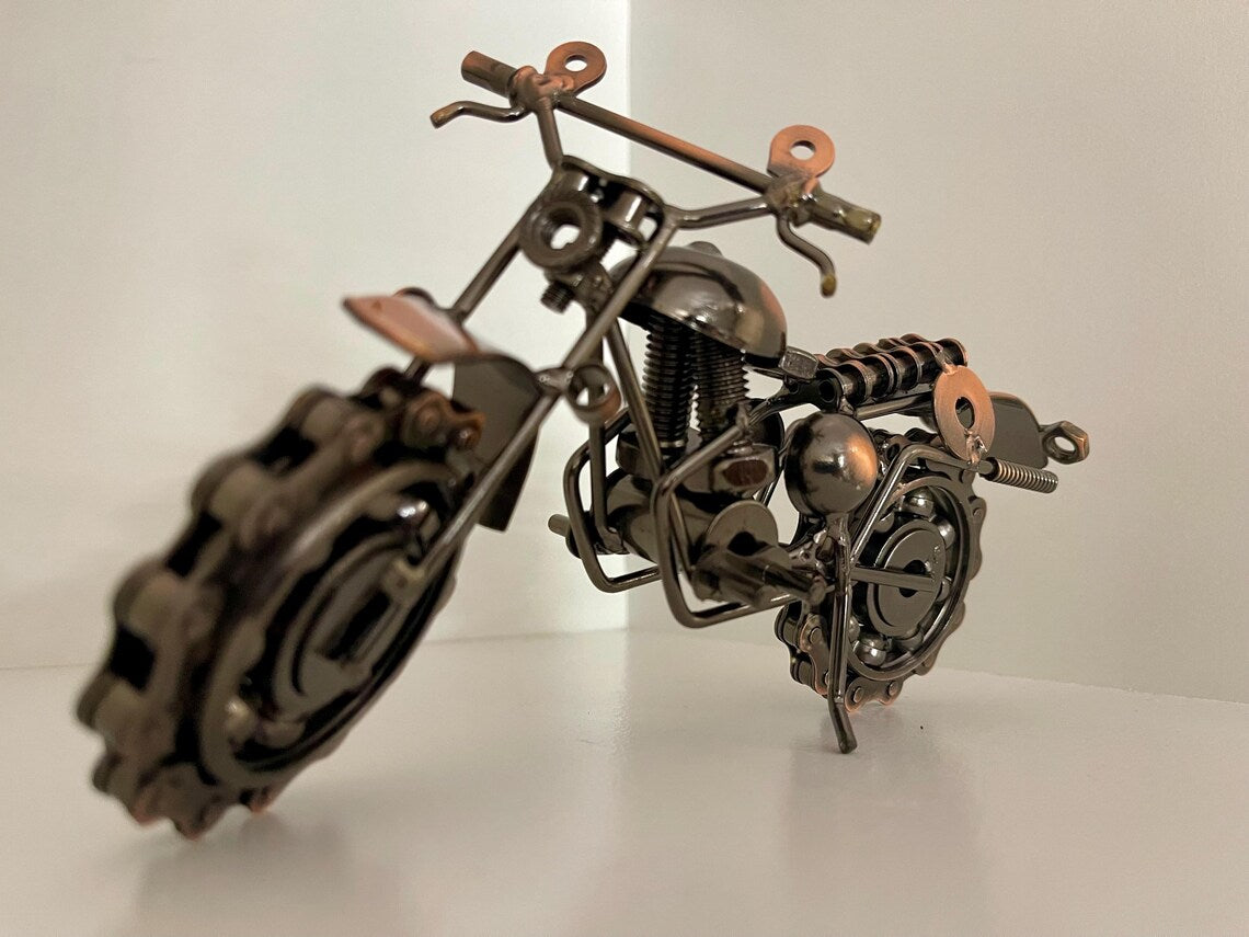 Upcycled Metal Motorcycle Sculpture: Industrial Home Decor Art