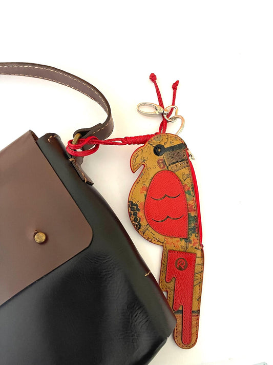 Handcrafted Leather Parrot Keychain: Coin Pocket, Made in Colombia