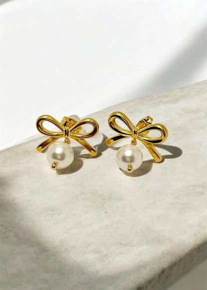 Gold Plated Bow Pearl Drop Stud Earrings