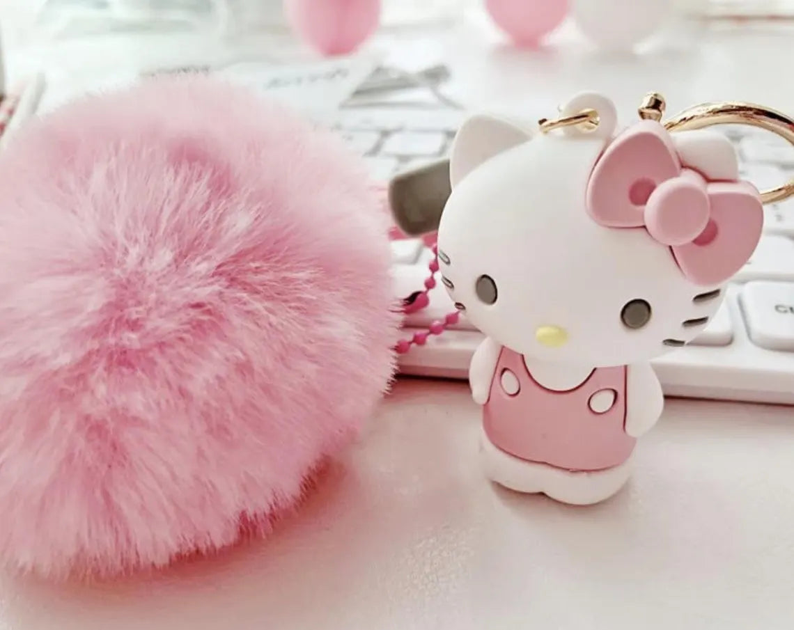 Pink Kitty Pompom Keychain - Bag Charm | Phone Charm and Car Accessory